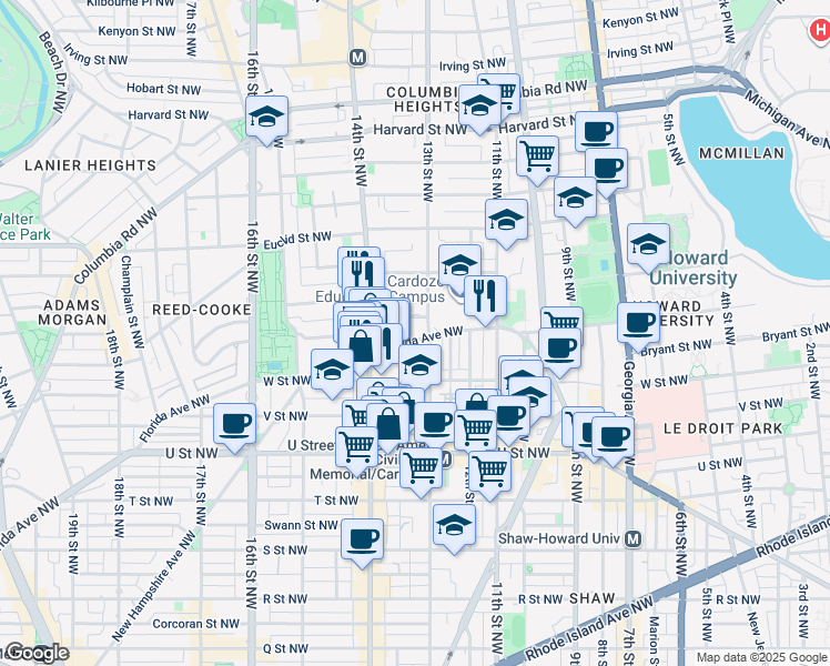 map of restaurants, bars, coffee shops, grocery stores, and more near 1313 Florida Avenue Northwest in Washington