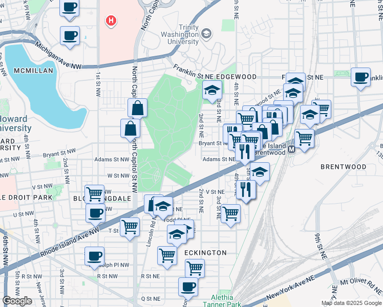map of restaurants, bars, coffee shops, grocery stores, and more near 2315 Lincoln Road Northeast in Washington