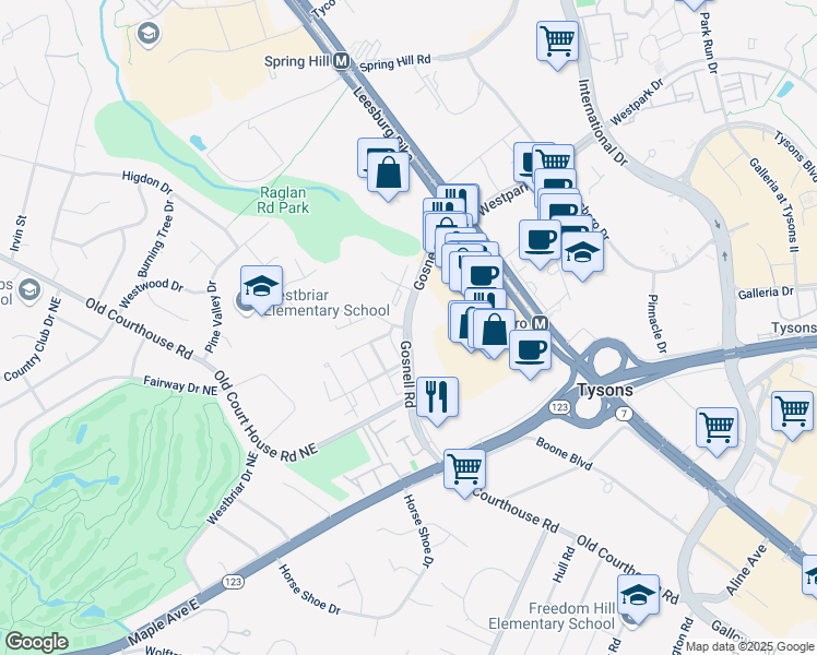 map of restaurants, bars, coffee shops, grocery stores, and more near Gosnell Road in Vienna