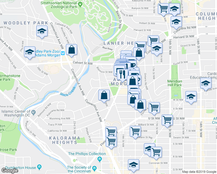 map of restaurants, bars, coffee shops, grocery stores, and more near Belmont Road Northwest in Washington