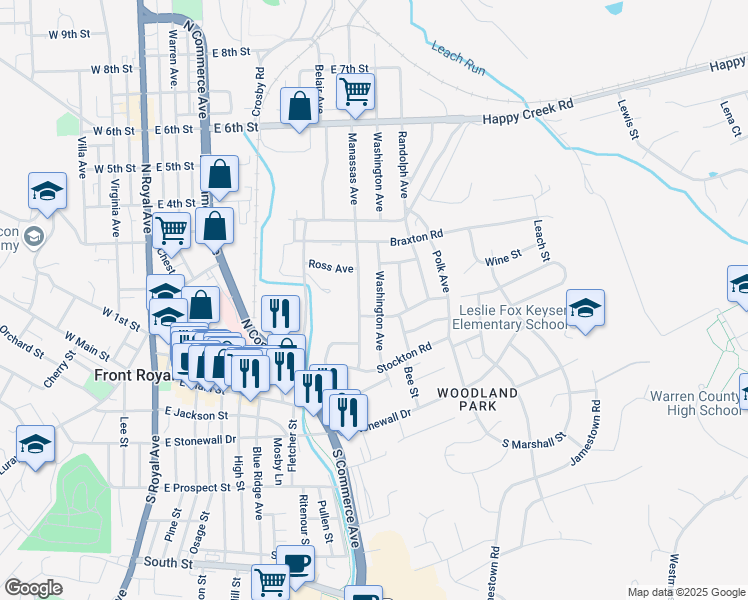 map of restaurants, bars, coffee shops, grocery stores, and more near 210 Washington Avenue in Front Royal