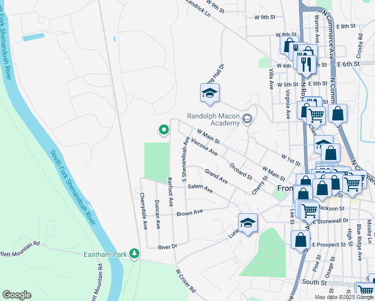 map of restaurants, bars, coffee shops, grocery stores, and more near 112 South Shenandoah Avenue in Front Royal