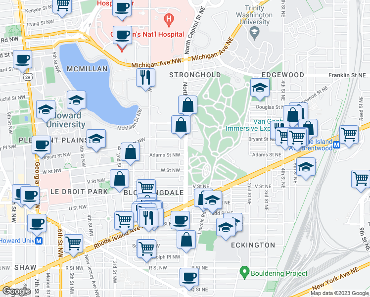 map of restaurants, bars, coffee shops, grocery stores, and more near 2306 North Capitol St NW in Washington