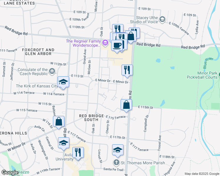 map of restaurants, bars, coffee shops, grocery stores, and more near 521 East Minor Drive in Kansas City
