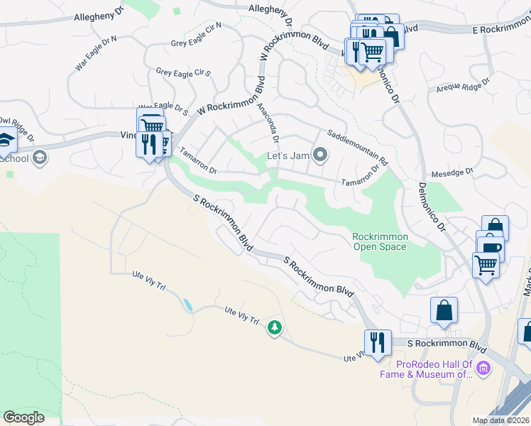 map of restaurants, bars, coffee shops, grocery stores, and more near 6155 Perfect View in Colorado Springs