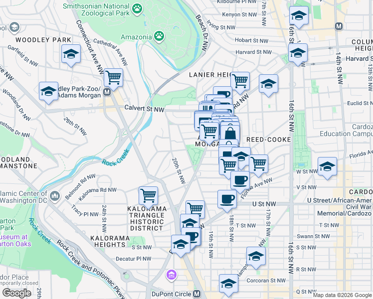 map of restaurants, bars, coffee shops, grocery stores, and more near Belmont Road Northwest in Washington