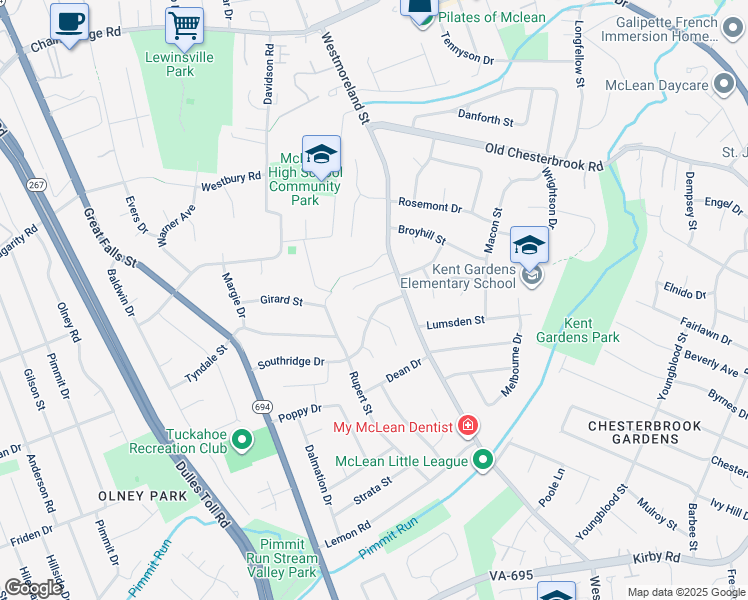 map of restaurants, bars, coffee shops, grocery stores, and more near 6906 Southridge Drive in McLean