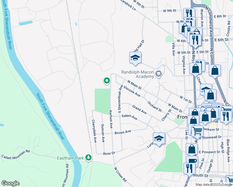 map of restaurants, bars, coffee shops, grocery stores, and more near 111 South Shenandoah Avenue in Front Royal