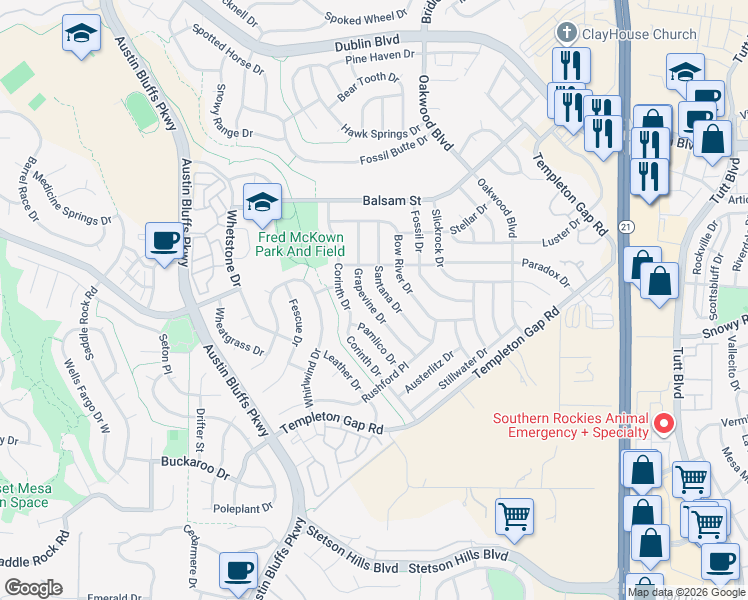 map of restaurants, bars, coffee shops, grocery stores, and more near 5881 Grapevine Drive in Colorado Springs