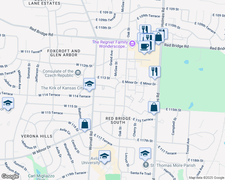 map of restaurants, bars, coffee shops, grocery stores, and more near 11332 Minor Drive in Kansas City