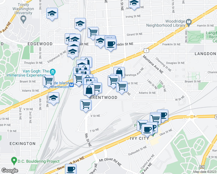 map of restaurants, bars, coffee shops, grocery stores, and more near 16 in Washington