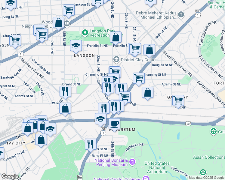 map of restaurants, bars, coffee shops, grocery stores, and more near 2146 24th Place Northeast in Washington