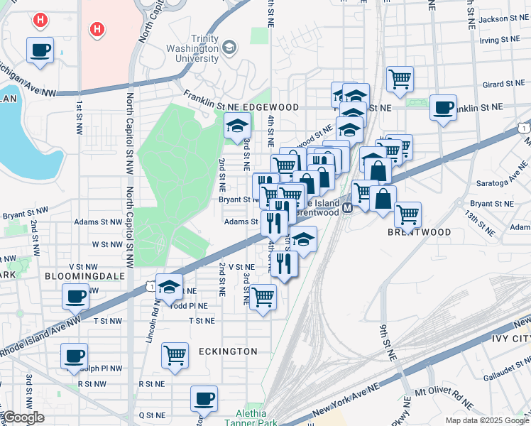 map of restaurants, bars, coffee shops, grocery stores, and more near 2310 4th Street Northeast in Washington