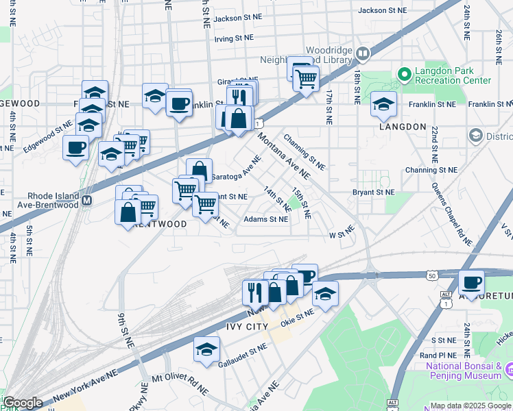 map of restaurants, bars, coffee shops, grocery stores, and more near 1347 Downing Street Northeast in Washington