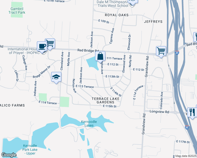 map of restaurants, bars, coffee shops, grocery stores, and more near 11301 Greenbrier Lane in Kansas City