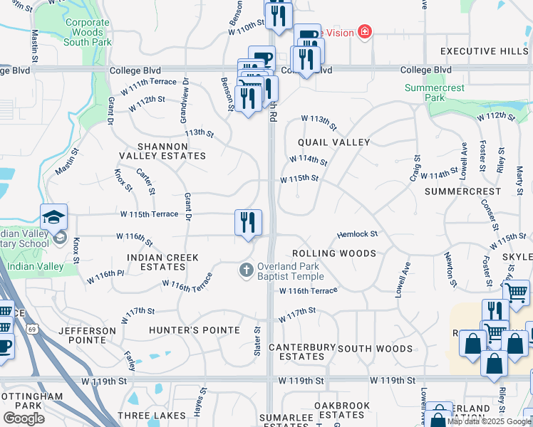 map of restaurants, bars, coffee shops, grocery stores, and more near 11514 Mackey Street in Overland Park