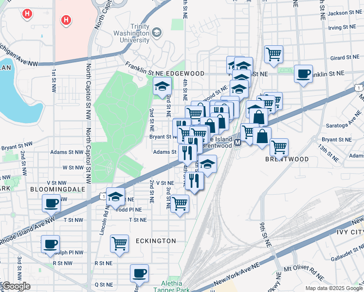 map of restaurants, bars, coffee shops, grocery stores, and more near 2310 4th Street Northeast in Washington
