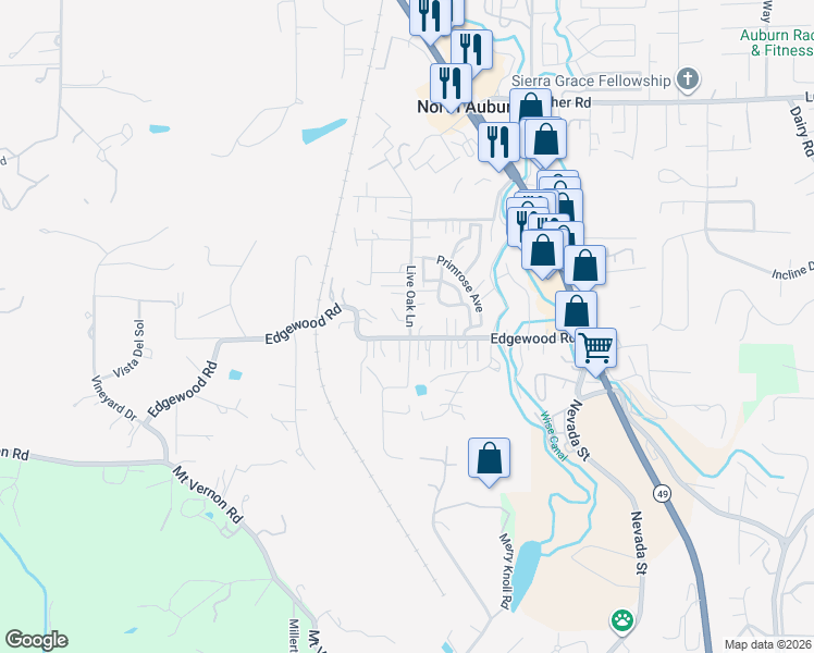 map of restaurants, bars, coffee shops, grocery stores, and more near 1207 Live Oak Lane in Auburn