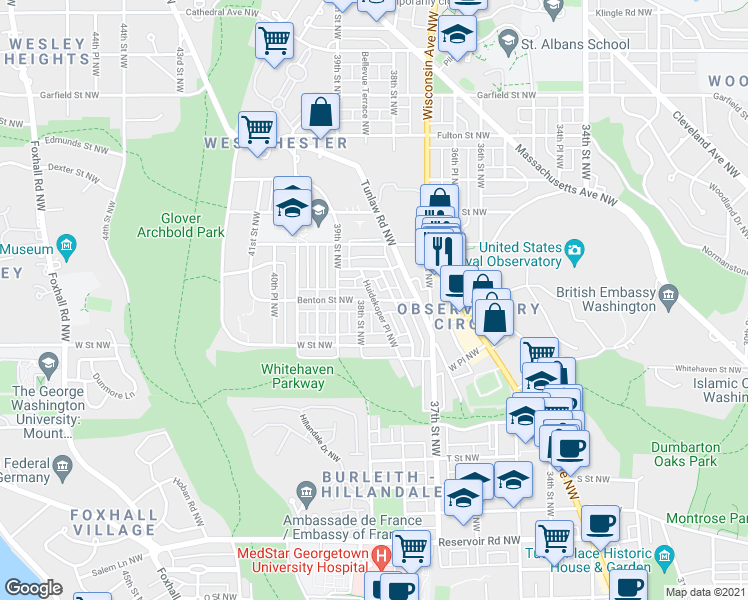 map of restaurants, bars, coffee shops, grocery stores, and more near Benton St NW & Huidekoper Pl NW in Washington