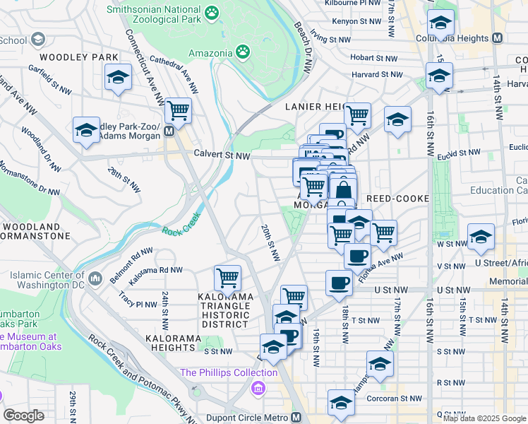 map of restaurants, bars, coffee shops, grocery stores, and more near 1947 Belmont Road Northwest in Washington