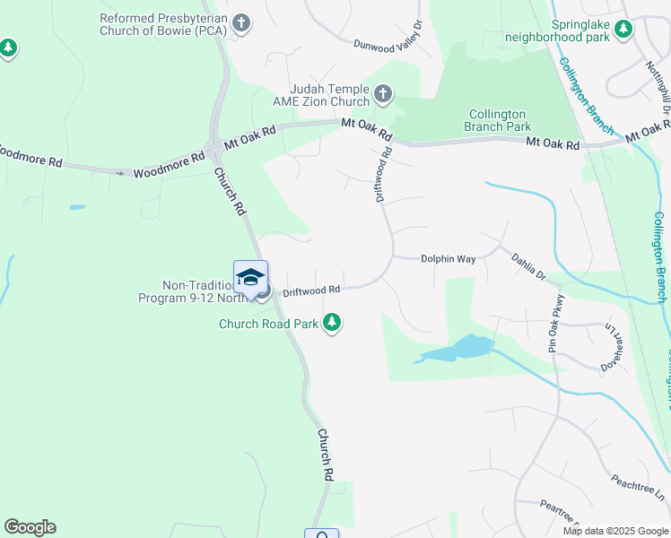 map of restaurants, bars, coffee shops, grocery stores, and more near 14318 Driftwood Road in Bowie