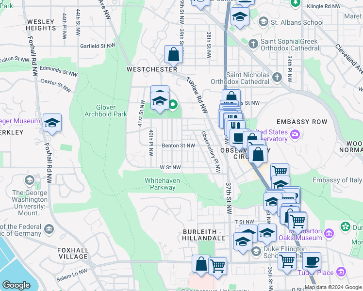 map of restaurants, bars, coffee shops, grocery stores, and more near 39th Street Northwest & Benton Street Northwest in Washington