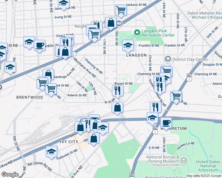 map of restaurants, bars, coffee shops, grocery stores, and more near 1726 Montana Avenue Northeast in Washington