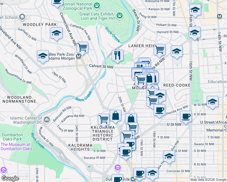 map of restaurants, bars, coffee shops, grocery stores, and more near 2009 Belmont Road Northwest in Washington