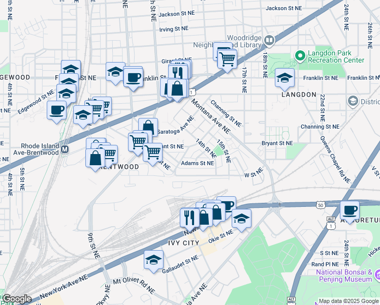 map of restaurants, bars, coffee shops, grocery stores, and more near 1347 Downing Street Northeast in Washington