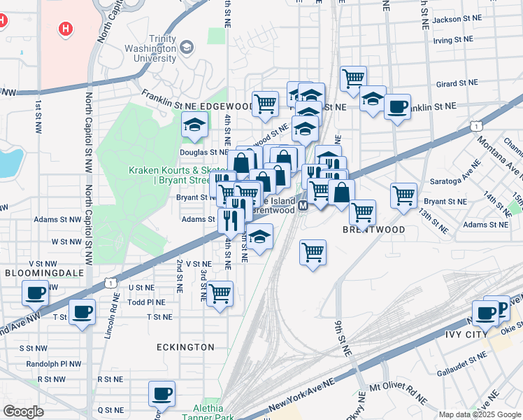 map of restaurants, bars, coffee shops, grocery stores, and more near 600 Rhode Island Avenue Northeast in Washington