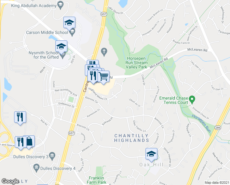 map of restaurants, bars, coffee shops, grocery stores, and more near 3045 Madden Court in Herndon