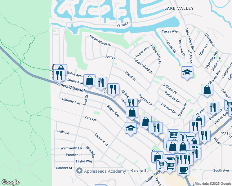 map of restaurants, bars, coffee shops, grocery stores, and more near 721 James Avenue in South Lake Tahoe