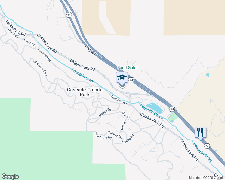 map of restaurants, bars, coffee shops, grocery stores, and more near 9370 Mariposa Trail in Cascade-Chipita Park