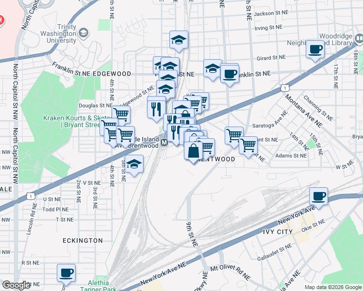 map of restaurants, bars, coffee shops, grocery stores, and more near 101 Independence Avenue Southeast in Washington