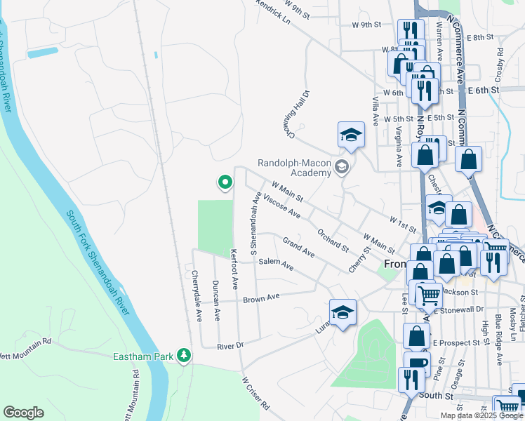 map of restaurants, bars, coffee shops, grocery stores, and more near 114 South Shenandoah Avenue in Front Royal