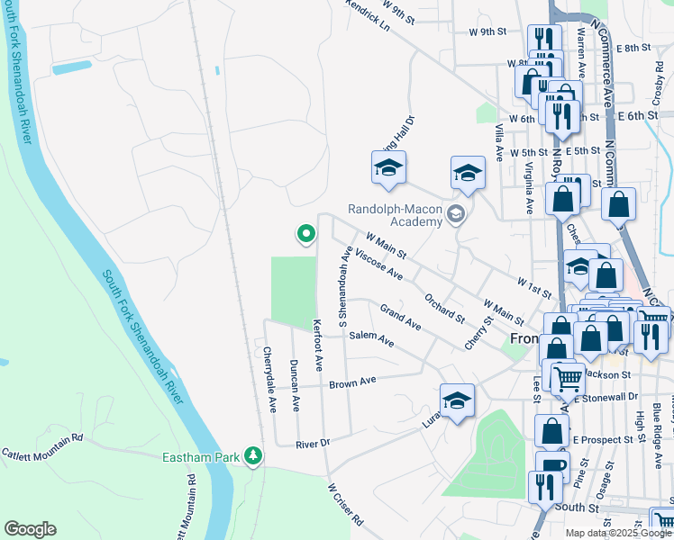 map of restaurants, bars, coffee shops, grocery stores, and more near 114 South Shenandoah Avenue in Front Royal