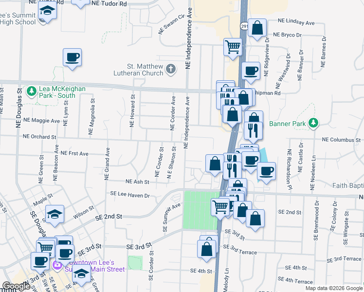 map of restaurants, bars, coffee shops, grocery stores, and more near 309 Northeast Independence Avenue in Lee's Summit