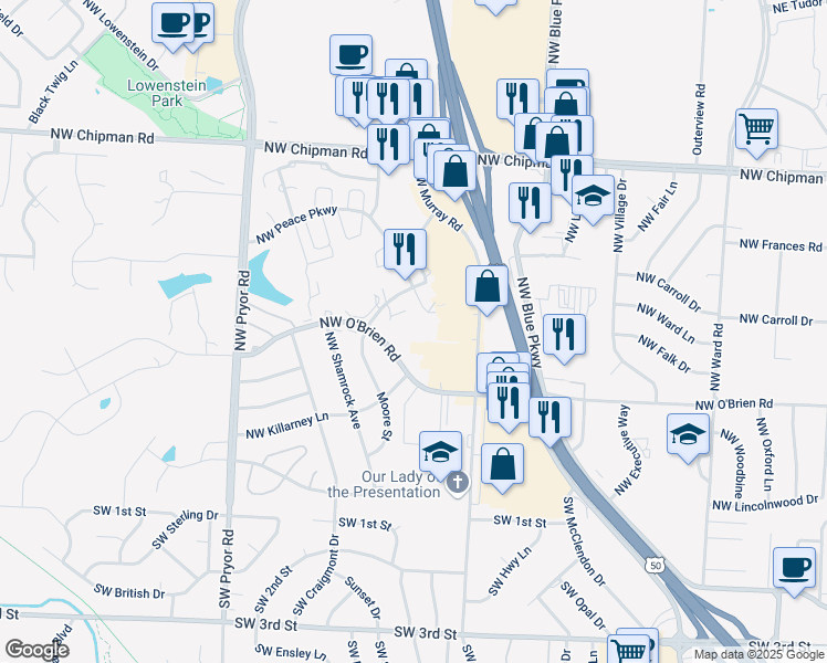 map of restaurants, bars, coffee shops, grocery stores, and more near 512 Northwest Murray Road in Lee's Summit