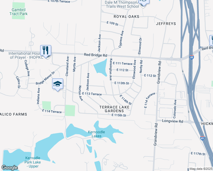 map of restaurants, bars, coffee shops, grocery stores, and more near 11301 Greenbrier Lane in Kansas City