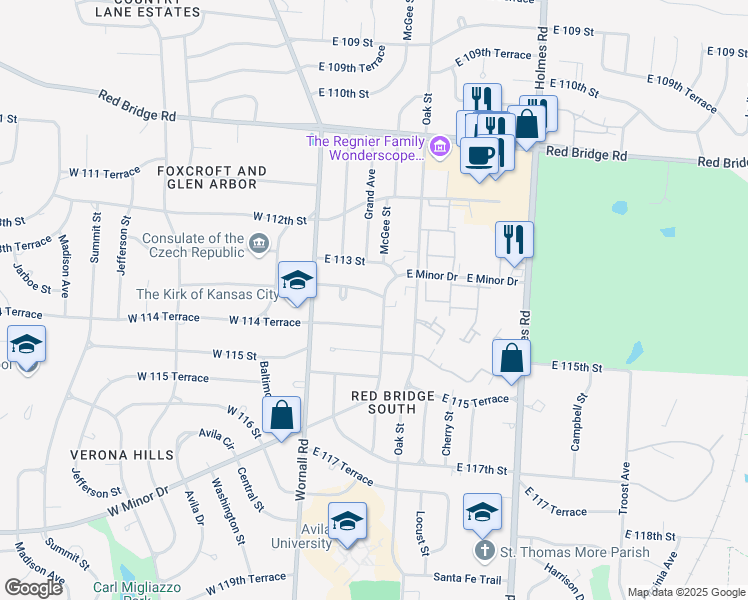map of restaurants, bars, coffee shops, grocery stores, and more near 11332 Minor Drive in Kansas City