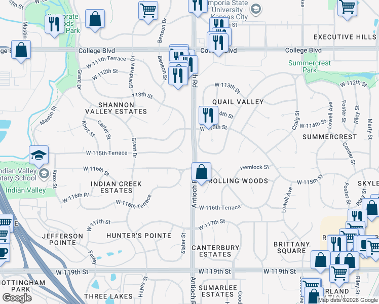 map of restaurants, bars, coffee shops, grocery stores, and more near 11514 Mackey Street in Overland Park