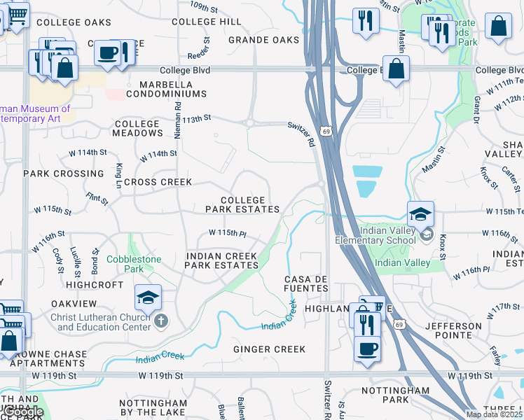 map of restaurants, bars, coffee shops, grocery stores, and more near 10601 West 115th Terrace in Overland Park