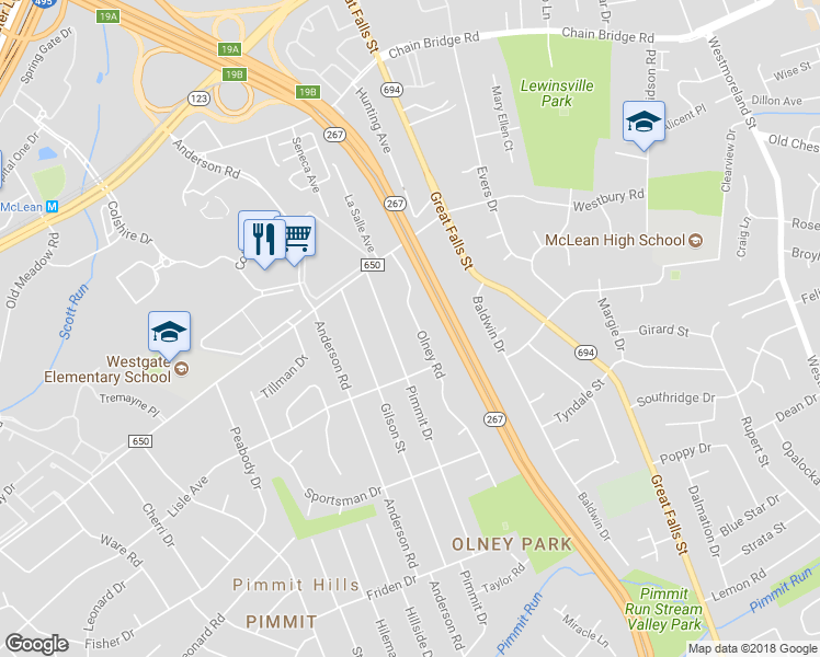 map of restaurants, bars, coffee shops, grocery stores, and more near 1724 Olney Road in Falls Church
