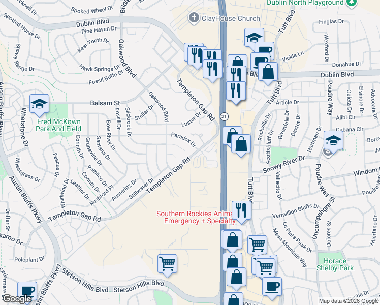 map of restaurants, bars, coffee shops, grocery stores, and more near 5495 Slickrock Drive in Colorado Springs