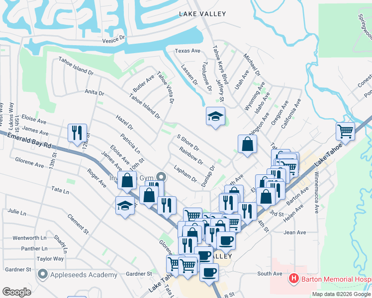 map of restaurants, bars, coffee shops, grocery stores, and more near 878 Rainbow Drive in South Lake Tahoe