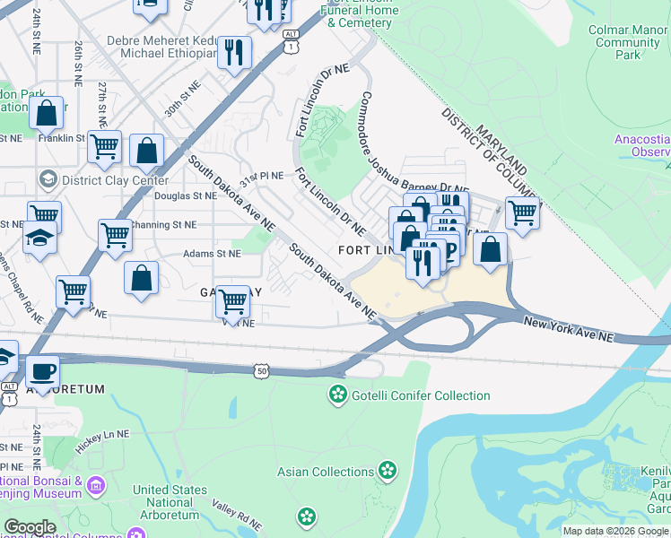 map of restaurants, bars, coffee shops, grocery stores, and more near 101 Independence Avenue Southeast in Washington