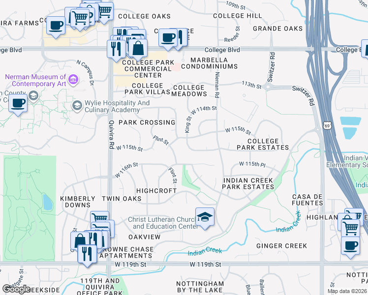 map of restaurants, bars, coffee shops, grocery stores, and more near 11541 Flint Street in Overland Park