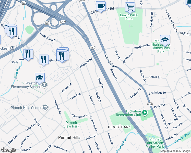 map of restaurants, bars, coffee shops, grocery stores, and more near 1724 Olney Road in Falls Church