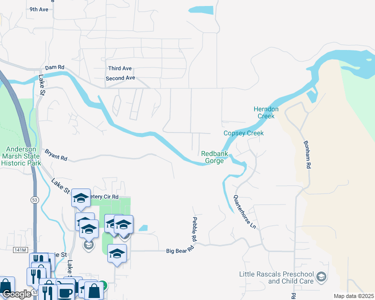 map of restaurants, bars, coffee shops, grocery stores, and more near 16745 Cache Creek Lane in Clearlake