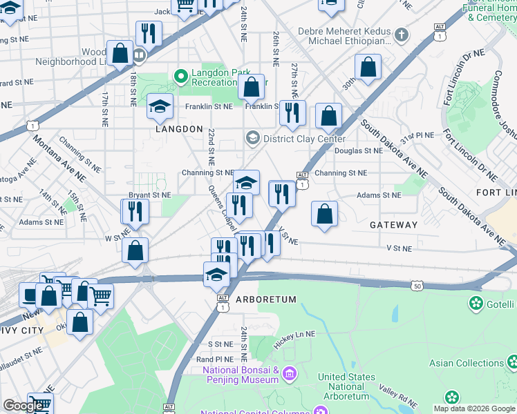 map of restaurants, bars, coffee shops, grocery stores, and more near 101 Independence Avenue Southeast in Washington